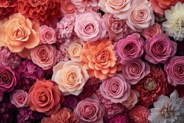 Tonos de rosas románticos Composición floral de rosas en tonos degradados de rosa y rojo