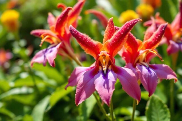 Primer plano de orquídeas en tonos rosa, rojo y naranja florecidas