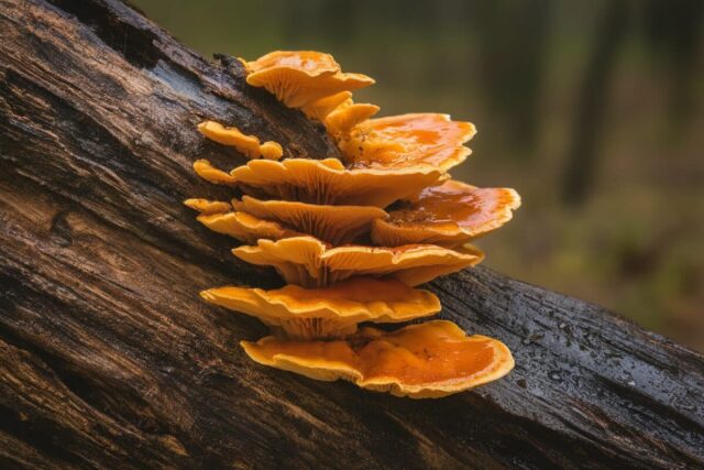 Hongo naranja sobre madera muerta Hongo naranja sobre tronco muerto en bosque húmedo